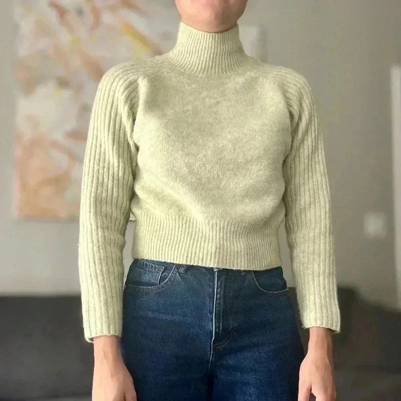 Zara Camel Wool Blend Cropped Turtleneck Sweater - Light Mint Green - Size M - Picture 2 of 9
